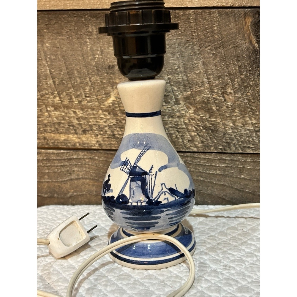 Vintage Delfts Holland Small Lamp Blue‎ & White Windmill Works!